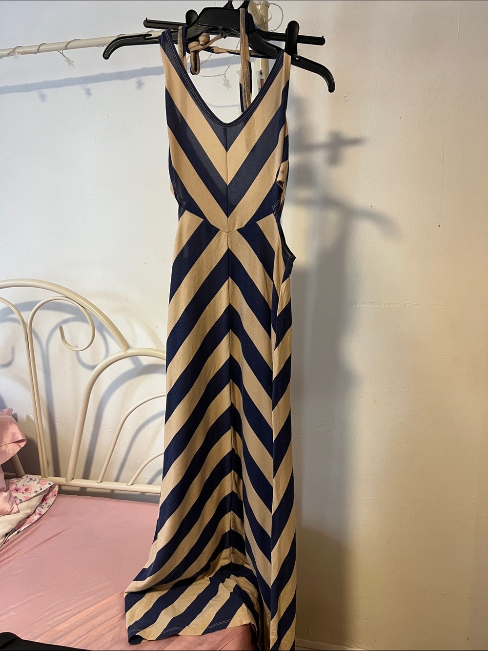 Striped Navy and Cream Maxi Dress - Sleeveless halter neck backless